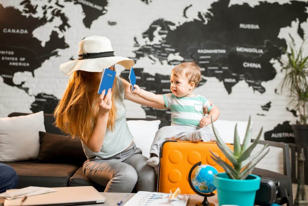 Happy family at the travel agency office