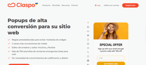 Pantalla de Claspo, un pop up de alta conversión para su sitio web.