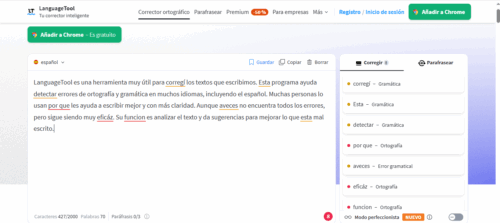Captura de pantalla con la herramienta de inteligencia artificial Language Tool.